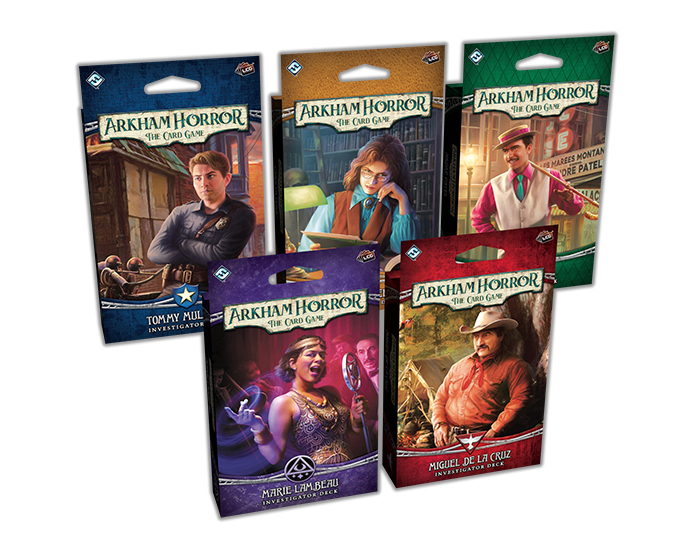 Evergreen Investigator Decks für Arkham Horror: Das Kartenspiel – Tommy Muldoon, Carolyn Fern, André Patel, Marie Lambeau und Miguel de la Cruz
